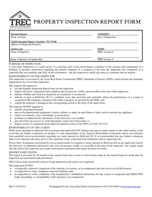 The TREC standard inspection form page of an A-Action sample report